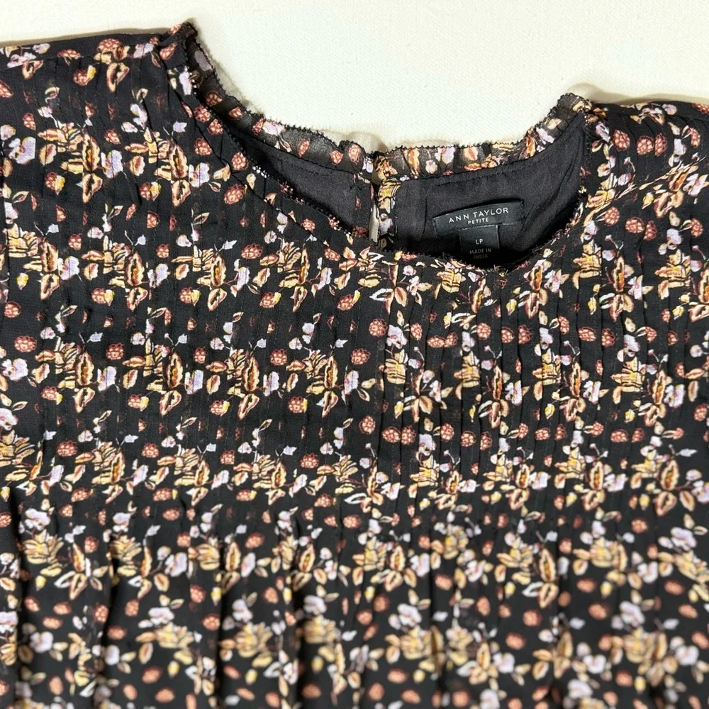 Ann Taylor Black Floral Long Sleeve Dress Boho Cottagecore Size Large Petite - Picture 3 of 10